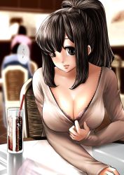Rule 34 | 1girl, black hair, blush, bra, breasts, cafe, chair, cleavage, drink, drinking straw, female focus, highres, lace, lace-trimmed bra, lace trim, large breasts, long hair, long sleeves, looking at viewer, mole, original, reflection, smile, solo, solo focus, souryu, table, underwear