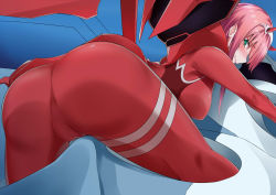 Rule 34 | 10s, 1girl, ass, blush, bodysuit, breasts, cameltoe, darling in the franxx, embarrassed, from behind, green eyes, hairband, horns, huge ass, large breasts, leaning, leaning forward, len (hand linke), long hair, looking at viewer, pink hair, red bodysuit, sideboob, skin tight, smile, solo, zero two (darling in the franxx)