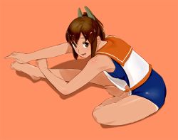 Rule 34 | 10s, 1girl, bad id, bad twitter id, barefoot, brown hair, feet, full body, i-401 (kancolle), kantai collection, ojipon, orange background, plantar flexion, ponytail, sailor collar, school swimsuit, school uniform, simple background, sitting, solo, stretching, swimsuit, swimsuit under clothes, tan