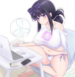 Rule 34 | 1girl, arm under breasts, bags under eyes, barefoot, black hair, blunt bangs, blush, bow, breasts, cameltoe, cellphone, chicken tatsumaki curry, cleft of venus, closed mouth, collarbone, commentary request, computer, cookie (touhou), covered erect nipples, electric fan, folded ponytail, frown, full body, hair bow, highres, laptop, large breasts, long hair, manatsu no yo no inmu, medium bangs, mole, mole under eye, mouse (computer), muffin top, navel, no pants, off shoulder, panties, phone, plump, purple bow, shirt, short sleeves, shunga youkyu, side-tie panties, sidelocks, sitting, smartphone, soles, solo, split mouth, star sapphire, stray pubic hair, t-shirt, table, takuya (acceed), tissue, tissue box, touhou, trash can, underwear, used tissue, white panties, white shirt