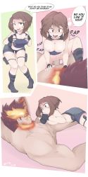 Rule 34 | 1boy, 1girl, abs, absurdres, alternate costume, artist name, assertive female, bad id, bad pixiv id, blue eyes, blush, boku no hero academia, boots, bottomless, breasts, breasts out, breasts squeezed together, brown eyes, brown hair, cleavage, clothed female nude male, clothed sex, comic, cosplay, cowgirl position, cum, cum in pussy, endeavor (boku no hero academia), english text, facial hair, fellatio, fingerless gloves, fire, girl on top, gloves, hetero, highres, hot vr, knees together feet apart, lara croft (cosplay), large penis, medium breasts, midriff, naughty face, navel, nude, open mouth, oral, penis, pussy, red hair, saliva, sex, short hair, shorts, spiked hair, spread legs, standing, straddling, tank top, thigh strap, tongue, tongue out, topless, uncensored, uraraka ochako, vaginal