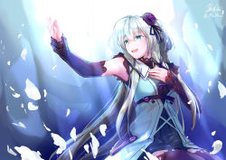 Rule 34 | 1girl, aqua eyes, armpits, artist name, black sleeves, black thighhighs, character request, copyright request, detached sleeves, grey hair, hair between eyes, hand on own chest, highres, long hair, looking to the side, mixed-language commentary, music, petals, pin.s, signature, singing, sitting, smile, solo, thighhighs, thighs, twitter username, virtual youtuber