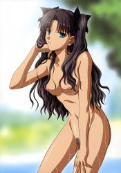 Rule 34 | 1girl, artist request, black hair, blue eyes, breasts, fate/stay night, fate (series), female focus, female pubic hair, long hair, looking at viewer, medium breasts, nipples, nude, parted lips, pubic hair, pussy, solo, standing, tohsaka rin, two side up, uncensored
