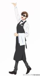 Rule 34 | 1boy, absurdres, apron, black footwear, black neckwear, bow, brown hair, commentary request, full body, highres, long sleeves, male focus, name tag, official art, open mouth, pants, shirt, solo, sunglasses, tatsumi koutarou, vest, waist apron, waiter, white background, white shirt, zombie land saga