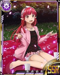 Rule 34 | 10s, 1girl, barefoot, brown eyes, card (medium), cherry blossoms, collarbone, feet, hair ornament, jewelry, long hair, necklace, open mouth, petals, pointy ears, rain (sao), red hair, shorts, sitting, solo, sword art online, toes, wariza, white shorts