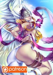 Rule 34 | 1girl, angel wings, angewomon, armor, ass, asymmetrical clothes, bare shoulders, belt, blonde hair, bokuman, breastplate, breasts, covered eyes, day, digimon, digimon (creature), from behind, gloves, grin, head wings, helmet, large breasts, long hair, looking back, multiple wings, patreon, ribbon, sideboob, sky, smile, solo, thigh strap, watermark, wings