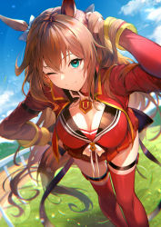 Rule 34 | 1girl, animal ears, blue sky, blush, breasts, brown hair, cleavage, green eyes, highres, horse ears, horse girl, horse tail, kakage, large breasts, long hair, long sleeves, looking at viewer, one eye closed, red shirt, red skirt, red thighhighs, shirt, skirt, sky, smile, solo, tail, thighhighs, thighs, umamusume