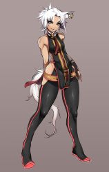 Rule 34 | 1boy, androgynous, animal ears, bad id, bad pixiv id, bare shoulders, brown background, covered navel, earrings, fingerless gloves, fox ears, fox tail, full body, gloves, grey eyes, grin, highres, jewelry, male focus, navel, original, short hair, side slit, simple background, skin tight, slit pupils, smile, solo, tail, thick thighs, thighs, trap, wadani hitonori, white hair, wide hips, yume rame