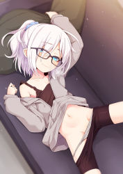 Rule 34 | 1girl, arm up, bike shorts, blue eyes, blush, borrowed character, collarbone, couch, fang, glasses, hair ornament, hair scrunchie, highres, hip bones, jacket, looking at viewer, lying, midriff, navel, nowareno (azuma shino), off shoulder, ogami kazuki, on back, original, panties, panty pull, pillow, pointy ears, pussy, pussy peek, scrunchie, short hair, short ponytail, silver hair, slit pupils, smile, solo, spread legs, tank top, underwear, white panties
