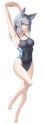 Rule 34 | 1girl, absurdres, animal ear fluff, animal ears, arms up, barefoot, black one-piece swimsuit, blue archive, blue eyes, breasts, competition swimsuit, covered navel, cross hair ornament, extra ears, full body, grey hair, hair ornament, halo, highres, lit for 20, looking at viewer, low ponytail, medium breasts, medium hair, mismatched pupils, multicolored clothes, multicolored swimsuit, one-piece swimsuit, shiroko (blue archive), shiroko (swimsuit) (blue archive), simple background, solo, stretching, swimsuit, white background