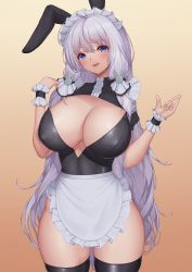 Rule 34 | 1girl, :d, absurdres, ahoge, alternate costume, animal ears, apron, azur lane, black leotard, black thighhighs, blue eyes, breasts, covered erect nipples, cowboy shot, fake animal ears, highres, illustrious (azur lane), large breasts, leotard, long hair, looking at viewer, m/, maid, maid apron, maid headdress, mole, mole under eye, open mouth, pinkcap, playboy bunny, rabbit ears, smile, solo, strapless, strapless leotard, thighhighs, thighs, very long hair, waist apron, white hair, wrist cuffs