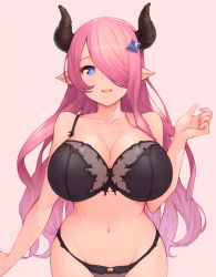Rule 34 | 1girl, :d, arm at side, bad id, bad pixiv id, bare arms, bare shoulders, black bra, black panties, blush, bra, breasts, bright pupils, cleavage, draph, granblue fantasy, hair ornament, hair over one eye, hairpin, hand up, highres, horns, huge breasts, koretsuki azuma, lingerie, long hair, looking at viewer, narmaya (granblue fantasy), navel, open mouth, panties, pink background, pink hair, purple eyes, shiny skin, simple background, smile, solo, stomach, tareme, underwear, very long hair