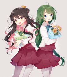 Rule 34 | 10s, 2girls, black hair, blue bow, blue bowtie, bouquet, bow, bowtie, braid, closed mouth, contrapposto, cowboy shot, dress, eyebrows, flower, grey background, grey legwear, hair ribbon, hiiragi souren, holding, holding flower, kantai collection, long hair, long sleeves, looking at viewer, mole, mole under mouth, multicolored eyes, multicolored hair, multiple girls, naganami (kancolle), pantyhose, pink hair, pleated skirt, purple eyes, red skirt, red vest, ribbon, shirt, single braid, skirt, sleeveless, sleeveless dress, standing, tareme, tulip, two-tone hair, very long hair, vest, white shirt, yellow eyes, yellow ribbon, yuugumo (kancolle)