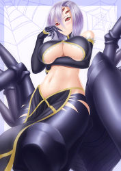 Rule 34 | 10s, 1girl, arachne, arthropod girl, blush, border, breast hold, breasts, carapace, claws, cleavage, detached sleeves, elbow gloves, extra eyes, female focus, finger to mouth, from below, gloves, hair between eyes, highres, insect girl, large breasts, light purple hair, looking at viewer, masatoki, midriff, monster girl, monster musume no iru nichijou, multiple legs, navel, pelvic curtain, rachnera arachnera, red eyes, short hair, simple background, smile, solo, spider girl, stomach, taur, underboob
