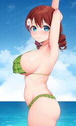 Rule 34 | 1girl, aqua eyes, armpits, arms up, belly, bikini, blue sky, blush, breasts, brown hair, cloud, day, drill hair, emma verde, flower, freckles, frilled bikini, frills, from side, green bikini, hair flower, hair ornament, highres, large breasts, looking at viewer, looking to the side, love live!, love live! nijigasaki high school idol club, navel, ocean, outdoors, parted lips, sideboob, sky, solo, stomach, strap gap, swimsuit, twin drills, unsfrau, wet