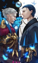 Rule 34 | 2boys, black hair, black vs white, blue eyes, blue hair, bug, butterfly, facial hair, fate/grand order, fate (series), formal, gloves, green eyes, grey hair, highres, bug, jacket, james moriarty (archer) (fate), long sleeves, looking at another, magnifying glass, male focus, multiple boys, mustache, sherlock holmes (fate), simple background, smile, smirk, tooaya(tooa), vest