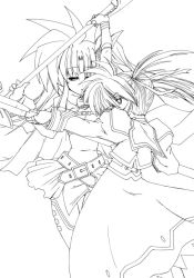 Rule 34 | 00s, 2girls, 45acp, arms up, bardiche (nanoha), belt, buckle, cape, fate testarossa, fate testarossa (lightning form), fingerless gloves, floating hair, gloves, greyscale, lineart, long sleeves, looking at viewer, lyrical nanoha, mahou shoujo lyrical nanoha, mahou shoujo lyrical nanoha a&#039;s, monochrome, multiple girls, polearm, profile, puffy sleeves, raising heart, simple background, takamachi nanoha, twintails, weapon