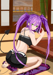 Rule 34 | 1girl, absurdres, artist request, ass, bare shoulders, barefoot, breasts, demon tail, from behind, green eyes, highres, hololive, long hair, looking at viewer, looking back, pillow, purple hair, shiny skin, short shorts, shorts, sideboob, sitting, small breasts, smile, solo, tail, tokoyami towa, twintails, very long hair, virtual youtuber, wariza