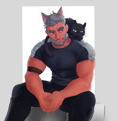 Rule 34 | 1boy, animal, animal on shoulder, bara, beard, black cat, cat, cat on shoulder, facial hair, feet out of frame, grey hair, highres, large pectorals, male focus, matty (radicallymaxton), mature male, muscular, muscular male, original, own hands together, pectorals, shirt, short hair, sitting, smile, solo, thick eyebrows, thick thighs, thighs, tight clothes, tight shirt
