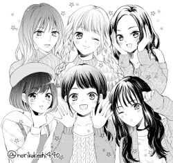 6+girls blush bob_cut braided_twintails commentary_request earrings eunha_(gfriend) gfriend greyscale hands_on_own_cheeks hands_on_own_face hat hood hoodie jewelry k-pop long_hair looking_at_viewer monochrome multiple_girls norikokeshi440 real_life sinb_(gfriend) smile sowon_(gfriend) star_(symbol) sweater swept_bangs twitter_username umji_(gfriend) yerin_(gfriend) yuju_(gfriend)