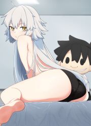 Rule 34 | 1girl, absurdres, ahoge, ass, barefoot, bed, black panties, character doll, closed mouth, commentary request, fate/grand order, fate (series), from behind, fujimaru ritsuka (male), grey hair, hair between eyes, highres, indoors, jeanne d&#039;arc alter (fate), long hair, no bra, nonoitou110, on bed, panties, sitting, solo, topless, underwear, underwear only, very long hair, yellow eyes