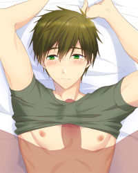 Rule 34 | 10s, 2boys, arms up, breasts, brown hair, clothes lift, cum, free!, from above, green shirt, looking at viewer, lying, male focus, mo (nmnme), multiple boys, naizuri, nipples, on back, paizuri, penis, pov, shirt, shirt lift, short sleeves, tachibana makoto, tearing up, tears, transparent, uncensored, wavy mouth, yaoi