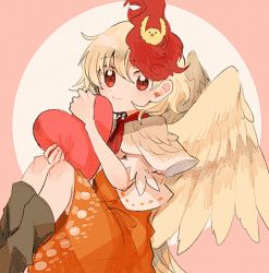 Rule 34 | . ., 1girl, animal, animal on head, bird, bird on head, bird wings, blonde hair, boots, brown footwear, capelet, chick, circle, closed mouth, dress, feathered wings, feet out of frame, film grain, from side, hair behind ear, hair between eyes, hair ornament, heart, holding, holding heart, itomugi-kun, knees up, legs together, looking at viewer, looking to the side, neckerchief, niwatari kutaka, on head, orange dress, pink background, red eyes, red neckerchief, short hair, short sleeves, sitting, smile, solo, touhou, wings, yellow wings