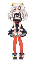 Rule 34 | 1girl, bare shoulders, blue eyes, blush, breasts, cleavage, cleavage cutout, clothing cutout, dress, full body, hair ornament, hairclip, highres, kaguya luna, large breasts, long hair, looking at viewer, obi, red thighhighs, sash, shone, silver hair, simple background, sleeveless, sleeveless dress, smile, solo, the moon studio, thighhighs, twintails, virtual youtuber, white background