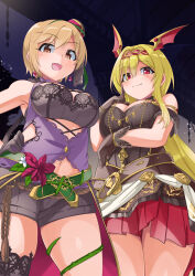 Rule 34 | 2girls, aiba yumi, arm under breasts, armlet, bare shoulders, belt, bikini, black belt, black bikini, black gloves, black shorts, black sleeves, black thighhighs, blonde hair, blush, breasts, brown eyes, cleavage, closed mouth, clothing cutout, cowboy shot, detached sleeves, earrings, flower, gloves, green belt, hair between eyes, hand on own chest, hand on own hip, hand up, hat, highres, idolmaster, idolmaster cinderella girls, idolmaster cinderella girls starlight stage, index finger raised, jewelry, key, kurosaki chitose, long hair, looking at viewer, medium breasts, midriff, mini hat, multiple girls, navel, night, open mouth, pillar, pleated skirt, purple shirt, red eyes, red flower, shirt, short hair, shorts, single thighhigh, skirt, smile, swimsuit, thighhighs, thorns, tiara, tree, two-tone dress, very long hair, wing hair ornament, yuuichi (reductionblack)