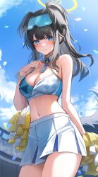 Rule 34 | 1girl, absurdres, animal ears, bare shoulders, black hair, blue archive, blue eyes, blue sky, blurry, blush, breasts, cheerleader, cleavage, cowboy shot, crop top, day, depth of field, dog ears, dog girl, dog tail, goggles, goggles on head, halo, hibiki (blue archive), hibiki (cheer squad) (blue archive), highres, holding, holding pom poms, langmal, looking at viewer, medium breasts, millennium cheerleader outfit (blue archive), navel, official alternate costume, pom pom (cheerleading), pom poms, sidelocks, skirt, sky, solo, star sticker, sticker on face, tail, thighs, yellow halo