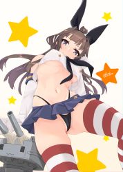 Rule 34 | 1girl, 1other, alakoala, black hairband, black panties, blue skirt, breasts, cosplay, cowboy shot, crop top, dated, elbow gloves, from below, gloves, hairband, highleg, highleg panties, highres, kantai collection, kongou (kancolle), long hair, microskirt, miniskirt, panties, rensouhou-chan, sailor collar, shimakaze (kancolle), shimakaze (kancolle) (cosplay), signature, simple background, skirt, striped clothes, striped thighhighs, thighhighs, underboob, underwear, white background, white gloves