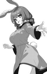 Rule 34 | 1girl, :d, adapted costume, animal ears, breasts, cowboy shot, from below, greyscale, hands up, large breasts, long sleeves, looking at viewer, monochrome, onkn sxkn, open mouth, outstretched arm, rabbit ears, rabbit girl, rabbit tail, seiran (touhou), simple background, smile, solo, standing, tail, teeth, thighs, touhou, twintails, upper teeth only, white background