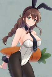 Rule 34 | 1girl, alternate costume, anchor symbol, animal ears, black necktie, black pantyhose, braid, breasts, brown hair, carrot, contrapposto, cowboy shot, detached collar, green eyes, grey background, highres, kantai collection, large breasts, leaning forward, leotard, looking at viewer, natsume (natsume melio), necktie, noshiro (kancolle), pantyhose, pillow, playboy bunny, rabbit ears, rabbit tail, solo, strapless, strapless leotard, swept bangs, tail, twin braids, white leotard, wrist cuffs