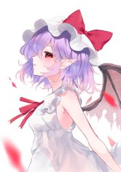 Rule 34 | 1girl, absurdres, bare arms, bare shoulders, bat wings, blush, breasts, dress, from side, hair between eyes, hat, highres, looking at viewer, mob cap, parted lips, pointy ears, profile, red eyes, red neckwear, red ribbon, remilia scarlet, ribbon, rori82li, short hair, simple background, sleeveless, small breasts, solo, touhou, white background, white dress, wings