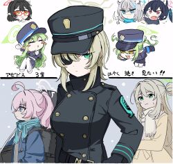 Rule 34 | 6+girls, ahoge, animal ear fluff, animal ears, ayane (blue archive), bag, black coat, black gloves, black hat, blue archive, blush stickers, cat ears, chibi, closed mouth, coat, commentary request, eyepatch, fang, glasses, gloves, green eyes, green hair, hair between eyes, halo, hat, highres, hikari (blue archive), hoshino (blue archive), long hair, long sleeves, multiple girls, nonomi (blue archive), nozomi (blue archive), open mouth, orange eyes, pink hair, pointy ears, ribbon, scarf, school uniform, serika (blue archive), shiroko (blue archive), short hair, suou (blue archive), sweat, translation request, twintails, uniform, white gloves, wolf ears, yako2189