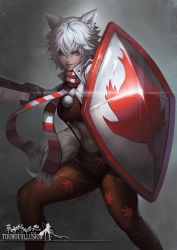 Rule 34 | 1girl, adapted costume, alternate costume, animal ears, breasts, brown pants, copyright name, dantewontdie, gauntlets, gradient background, grey eyes, highres, inubashiri momiji, leaf print, looking at viewer, maple leaf print, midriff, pants, parted lips, scarf, shield, smile, solo, striped clothes, striped scarf, suspenders, sword, tail, tight clothes, tight pants, touhou, weapon, white hair, wolf ears, wolf tail