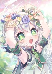 Rule 34 | 1girl, :d, arms up, artist name, blurry, blurry foreground, blush, bracelet, braid, chisora (chisora ra), commentary request, cross-shaped pupils, detached sleeves, dress, eyelashes, flower, flower wreath, gem, genshin impact, gold trim, green dress, green eyes, green gemstone, green hair, green sleeves, hair between eyes, hair ornament, head wreath, highres, jewelry, leaf hair ornament, light rays, long hair, looking at viewer, multicolored hair, nahida (genshin impact), open mouth, petals, plant, pointy ears, ponytail, purple flower, short sleeves, side ponytail, sidelocks, signature, single braid, sleeveless, sleeveless dress, smile, solo, streaked hair, symbol-shaped pupils, upper body, white dress, white hair, yellow flower