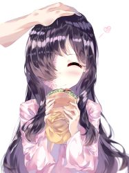 Rule 34 | 1girl, ^ ^, airy45525312, black hair, blush, burn scar, closed eyes, commentary, commission, english commentary, closed eyes, facing viewer, food, burger, hand on another&#039;s head, heart, highres, holding, holding food, ikezawa hanako, katawa shoujo, long hair, long sleeves, headpat, scar, simple background, smile, solo focus, upper body, white background