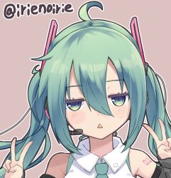 Rule 34 | 1girl, :&lt;, ahoge, aqua eyes, aqua hair, bare shoulders, black sleeves, detached sleeves, double v, green eyes, green hair, hatsune miku, hatsune miku (vocaloid4), headset, highres, irie keisuke (handn), jitome, long hair, looking at viewer, necktie, open mouth, shirt, shoulder tattoo, simple background, solo, tattoo, twintails, twitter username, v, v4x, vocaloid, white shirt