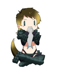 Rule 34 | 10s, 1girl, alligator snapping turtle (kemono friends), armor, armored boots, bikini, blonde hair, boots, breasts, chibi, cleavage, cowfee, crocodilian tail, eating, fingerless gloves, fish, full body, gloves, green eyes, green hair, highres, kemono friends, multicolored hair, navel, otakuevangelist, simple background, sitting, solo, swimsuit, tail, thighhighs, two-tone hair, white background