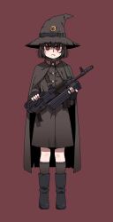 Rule 34 | 1girl, boots, brown cape, brown dress, brown footwear, brown hair, brown hat, brown socks, cape, commentary, dress, english commentary, fang, full body, gun, hat, highres, holding, holding gun, holding weapon, jitome, karepack, long skirt, military, original, pointy ears, red background, red eyes, ringed eyes, short hair, simple background, skirt, socks, solo, standing, type 88 (assault rifle), weapon, witch, witch hat