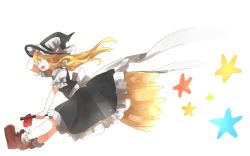 Rule 34 | 1girl, black hat, black skirt, black vest, blonde hair, boots, bow, braid, broom, broom riding, brown hair, commentary request, from side, full body, hair bow, hand on headwear, hand up, hat, hat bow, kirisame marisa, long hair, open mouth, shirt, short sleeves, simple background, single braid, skirt, solo, star (symbol), suehachi (hikage), touhou, vest, white background, white shirt, witch hat, yellow eyes