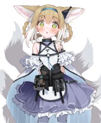 Rule 34 | 1girl, animal ears, arknights, arms behind back, bag, black vest, blue skirt, blush, braid, braided hair rings, breasts, cowboy shot, earpiece, eip (pepai), fox ears, fox tail, frilled shirt, frilled skirt, frills, green eyes, hair rings, hairband, infection monitor (arknights), light brown hair, looking at viewer, material growth, medium hair, multicolored hair, multiple tails, open mouth, oripathy lesion (arknights), pantyhose, satchel, shirt, simple background, skirt, sleeveless, sleeveless shirt, small breasts, solo, suzuran (arknights), tactical clothes, tail, twin braids, two-tone hair, vest, white background, white hair, white pantyhose, white shirt