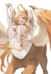 Rule 34 | 1girl, ;d, ahoge, armlet, armpits, arms up, bandages, bare shoulders, blonde hair, blush, bracelet, breast curtains, breasts, centauroid, character request, choker, cleavage, commentary request, cowboy shot, fang, feathered wings, hair between eyes, hair ornament, highres, huge ahoge, jewelry, large breasts, long hair, looking at viewer, monster girl, monster musume td, naked bandage, navel, one eye closed, open mouth, revealing clothes, see-through, see-through sleeves, sidelocks, simple background, skin fang, smile, solo, sphinx, standing, stomach, taur, tomisaka yorui, white background, wings, yellow eyes