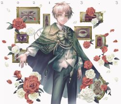 1boy axis_powers_hetalia black_necktie blonde_hair buttons cape closed_mouth collared_cape collared_shirt commentary_request cowboy_shot cup dated elizabeth_tower flower green_cape green_eyes green_pants highres long_sleeves looking_at_viewer male_focus necktie pants petals picture_frame puffy_long_sleeves puffy_sleeves red_flower red_rose rose shirt short_hair smile solo standing tea union_jack united_kingdom_(hetalia) vest white_background white_flower white_rose white_shirt white_vest yu_kari_to