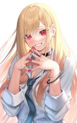 Rule 34 | 1girl, blonde hair, breasts, choker, collared shirt, commentary, dress shirt, grin, highres, kitagawa marin, large breasts, long hair, long sleeves, looking at viewer, red eyes, school uniform, shirt, simple background, smile, solo, sono bisque doll wa koi wo suru, suraimu (suraimuraimu), white background, white shirt