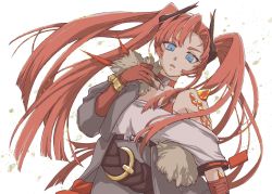 Rule 34 | 1girl, arknights, belt, blue eyes, bonjirix, collar, dragon horns, fingernails, fur-trimmed jacket, fur trim, highres, horns, jacket, leaning to the side, long hair, material growth, oripathy lesion (arknights), red hair, sharp fingernails, toddifons (arknights), twintails