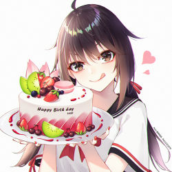 Rule 34 | 1girl, :q, ahoge, birthday cake, black sailor collar, blueberry, blush, bow, brown eyes, brown hair, cak ntama, cake, cherry, closed mouth, fingernails, food, fruit, ge zhong kuaile, hair ribbon, happy birthday, head tilt, heart, holding, holding plate, kiwi (fruit), kiwi slice, long hair, looking at viewer, low twintails, macaron, nail polish, original, plate, red bow, red nails, red ribbon, ribbon, sailor collar, school uniform, serafuku, shirt, short sleeves, simple background, smile, solo, strawberry, tongue, tongue out, twintails, upper body, v-shaped eyebrows, white background, white shirt
