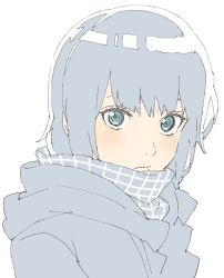 Rule 34 | 1girl, absurdres, bad id, bad twitter id, blue coat, blue eyes, blue hair, blue scarf, blush, close-up, closed mouth, coat, donguri suzume, highres, light blush, looking at viewer, scarf, short hair, simple background, solo, white background, winter clothes