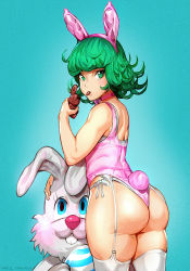 Rule 34 | 1girl, animal ears, aqua background, ass, bare arms, bare shoulders, blue background, chocolate, cowboy shot, curly hair, curvy, easter bunny, eating, fake animal ears, food, from behind, garter belt, garter straps, green eyes, green hair, highleg, highleg leotard, highres, holding, holding food, huge ass, keigi, leotard, looking at viewer, looking back, matching hair/eyes, nontraditional playboy bunny, one-punch man, pink leotard, rabbit ears, rabbit tail, short hair, simple background, skindentation, solo, standing, tatsumaki, thighhighs, thighs, tongue, tongue out, white garter belt, white garter straps, white thighhighs, wide hips